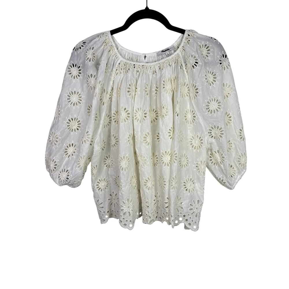 Madewell NWT Women’s Embroidered Shirred Eyelet Puff Sleeve Top size Large - Picture 3 of 7